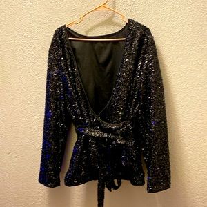 Sequin deep plunge neckline, tie top